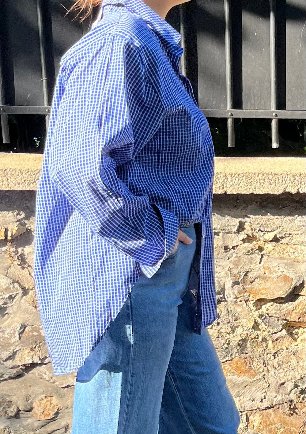 Chemise vichy à épaulettes bleue version longue